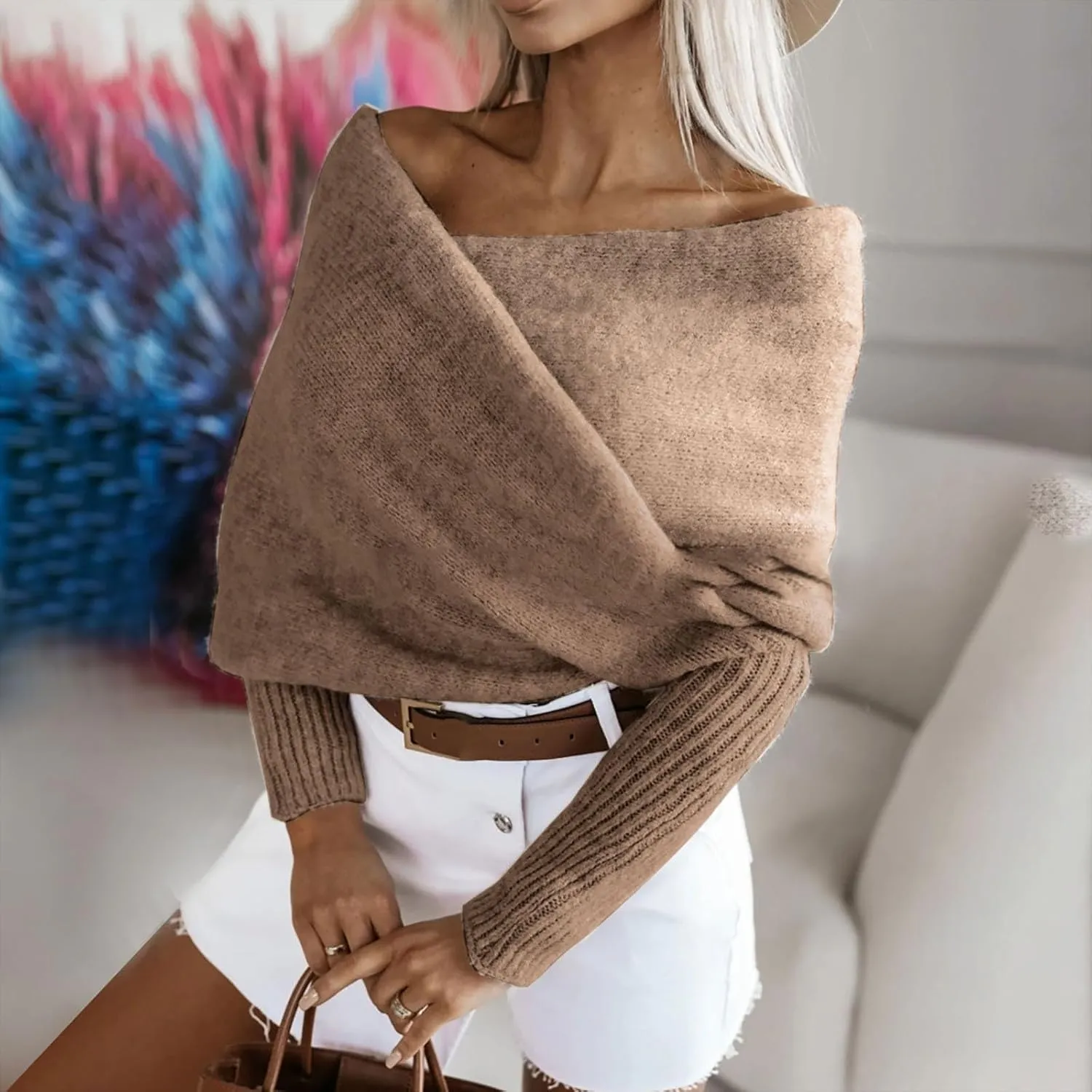 HGps8w Elegant Off The Shoulder Sweaters for Women Wrap V Neck Cropped Shawl Long Sleeve Cross Front Knitted Pullover Tops
