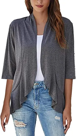 HGps8w Womens 3/4 Sleeve Cardigans Lightweight Open Front Shawl Wrap Kimono Jacket Casual Spring Solid Outerwear