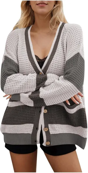 HGps8w Women's Oversized Colorblock Cardigans Long Sleeve Open Front Button Down Sweaters Chunky Knitted Outerwear