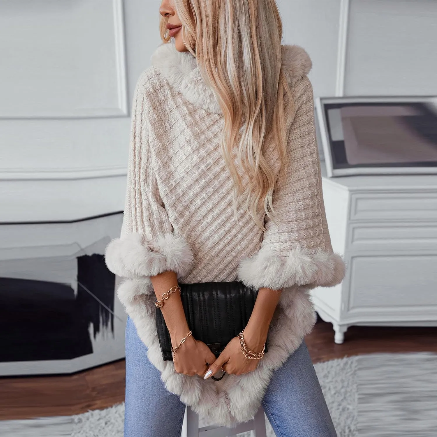 HGps8w Women's Winter Fur Trim Irregular Hem Shawl Wrap - Cozy Warm Loose Pullover Knitted Poncho Cape Cardigans Shawls