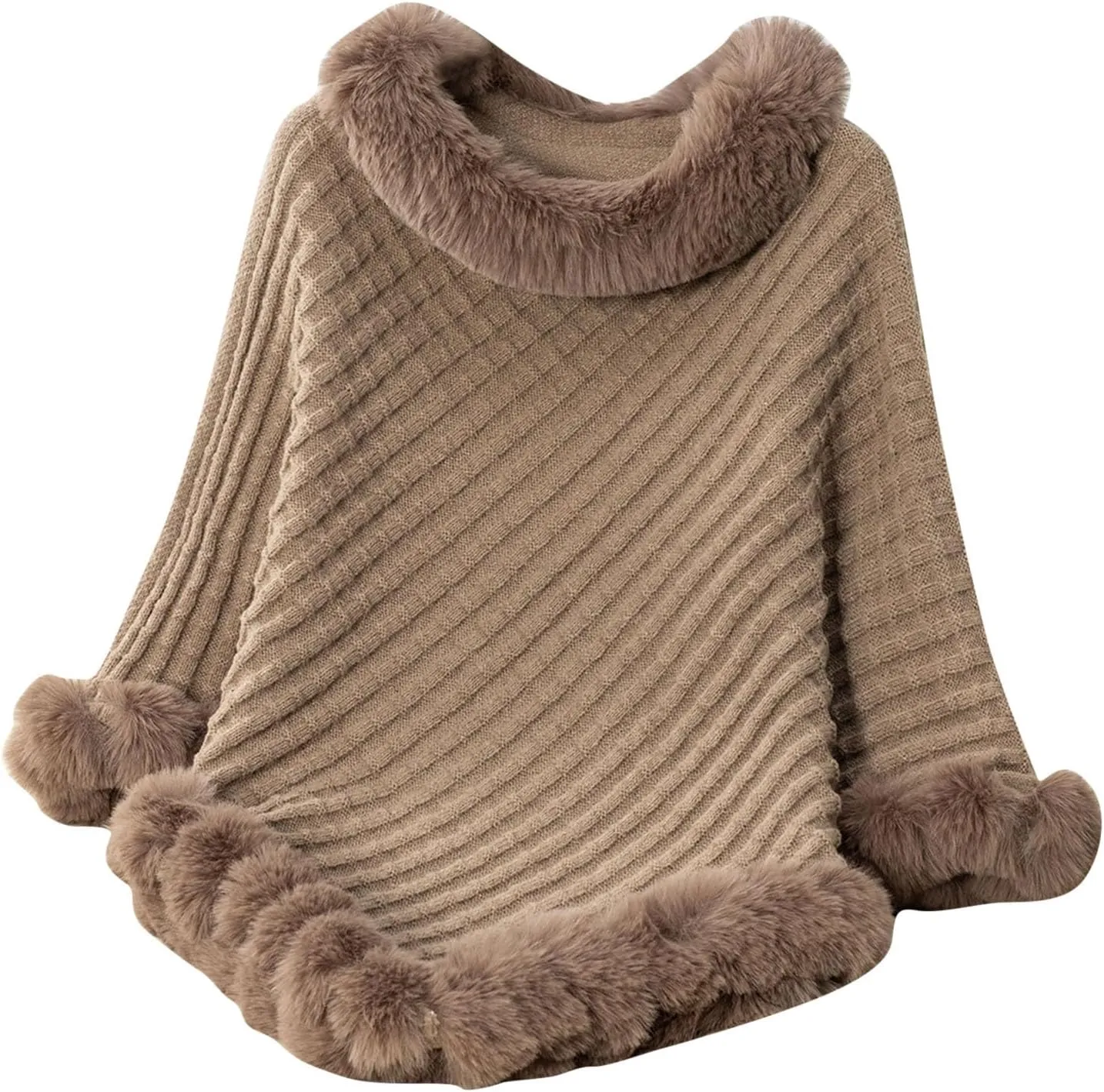 HGps8w Women's Winter Fur Trim Irregular Hem Shawl Wrap - Cozy Warm Loose Pullover Knitted Poncho Cape Cardigans Shawls