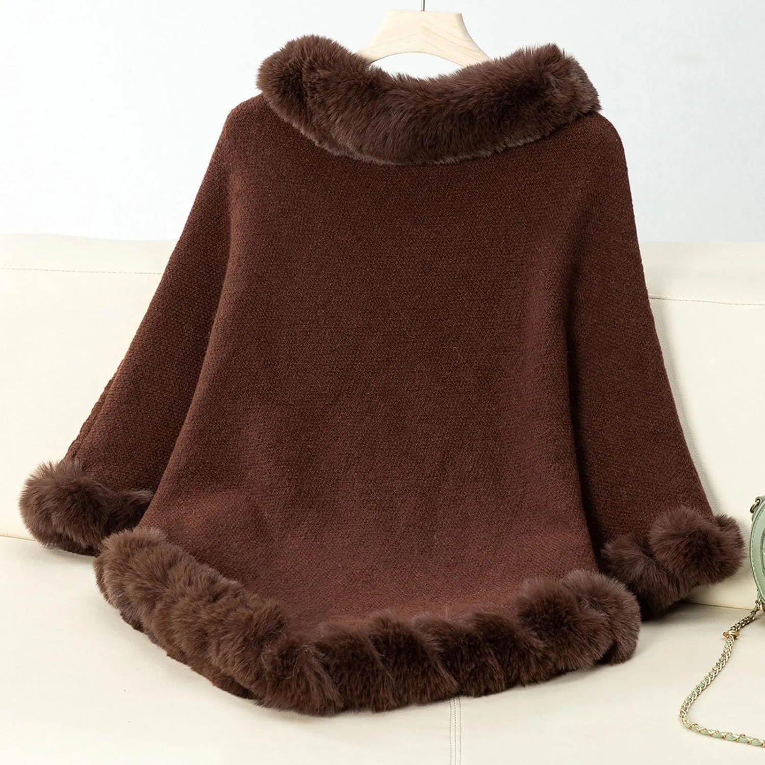 HGps8w Women's Winter Fur Trim Irregular Hem Shawl Wrap - Cozy Warm Loose Pullover Knitted Poncho Cape Cardigans Shawls