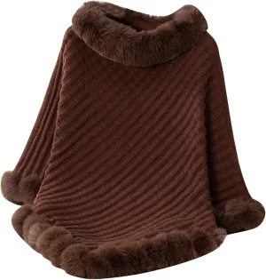 HGps8w Women's Winter Fur Trim Irregular Hem Shawl Wrap - Cozy Warm Loose Pullover Knitted Poncho Cape Cardigans Shawls