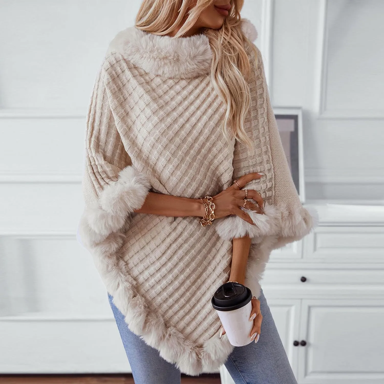 HGps8w Women's Winter Fur Trim Irregular Hem Shawl Wrap - Cozy Warm Loose Pullover Knitted Poncho Cape Cardigans Shawls