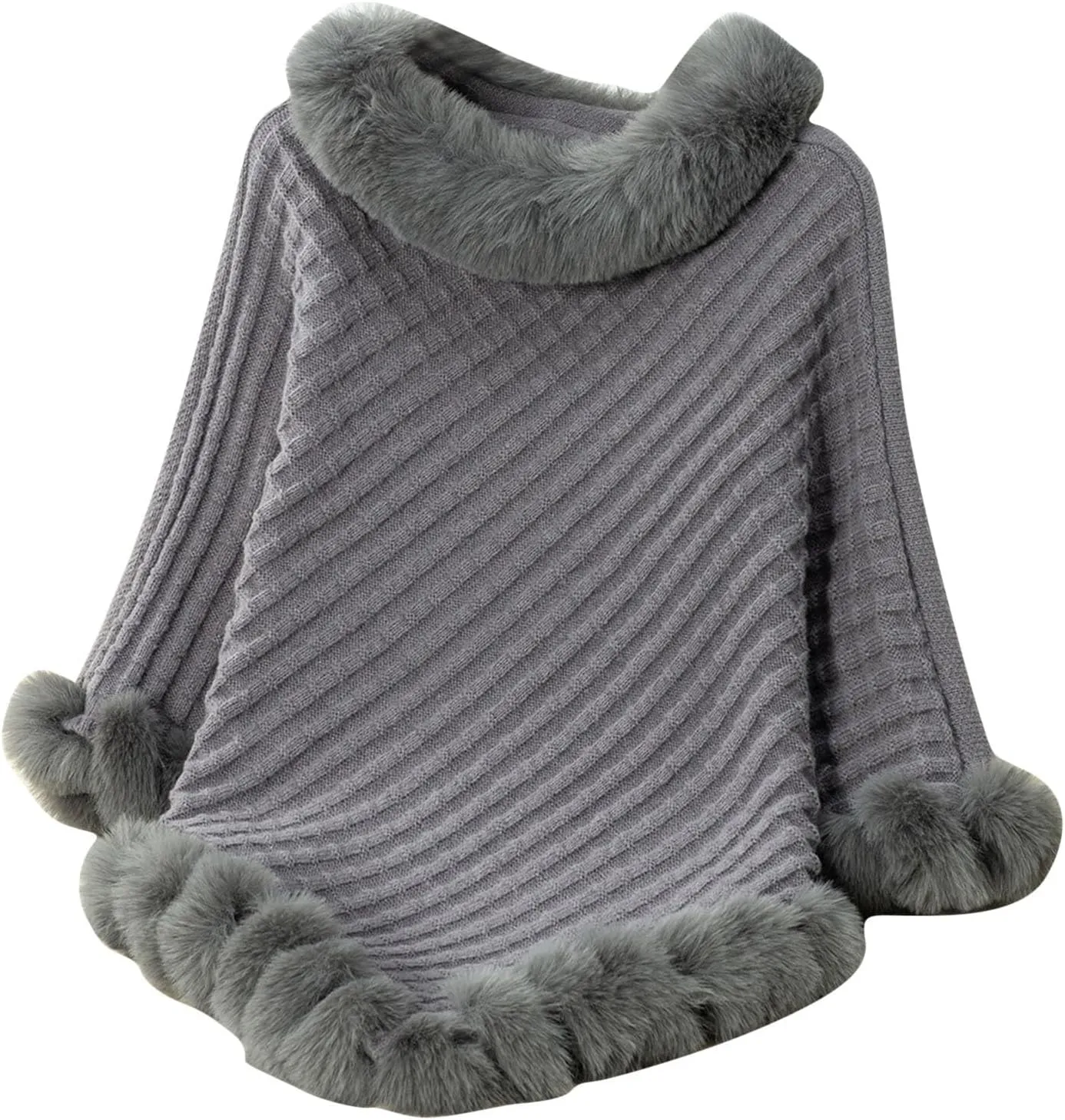 HGps8w Women's Winter Fur Trim Irregular Hem Shawl Wrap - Cozy Warm Loose Pullover Knitted Poncho Cape Cardigans Shawls