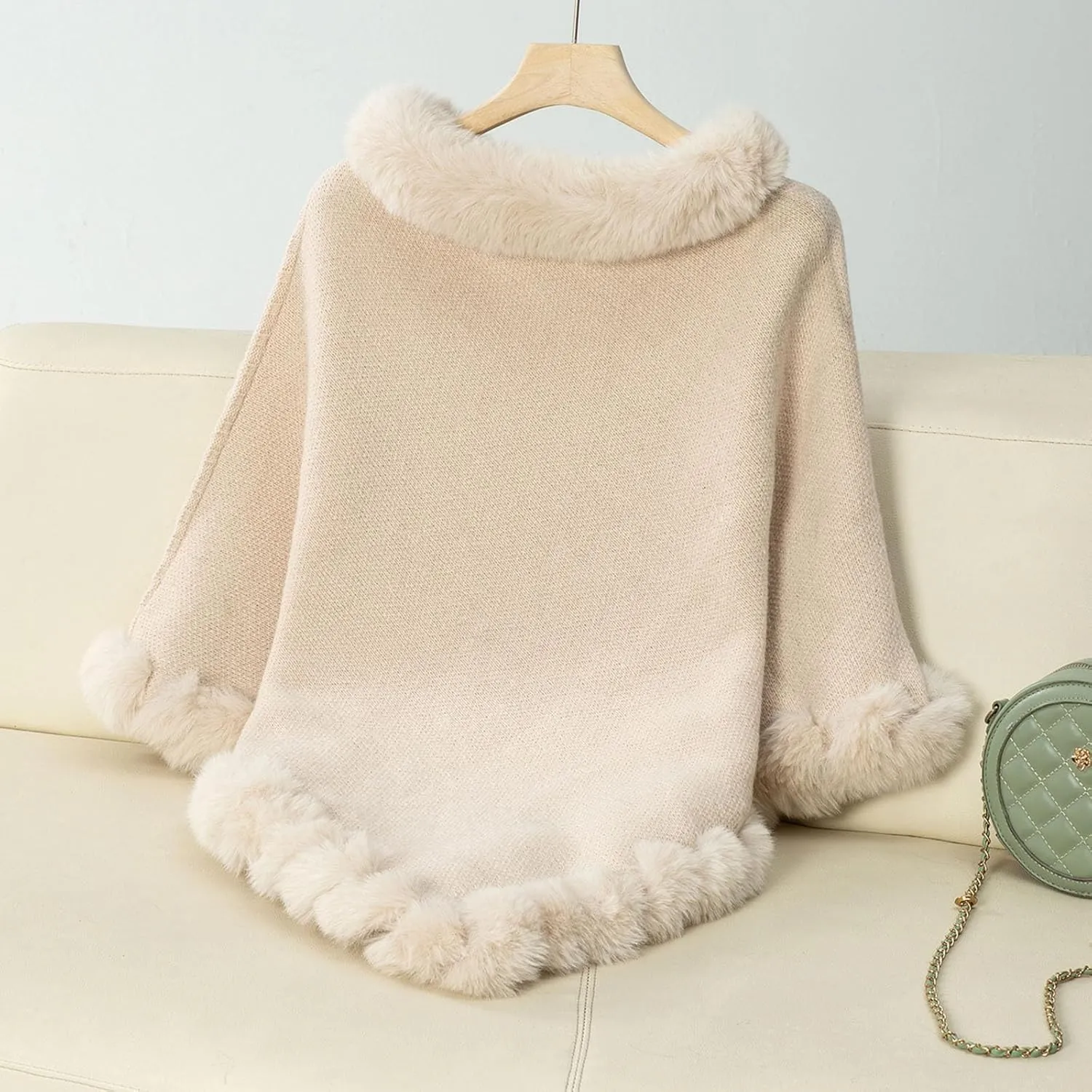 HGps8w Women's Winter Fur Trim Irregular Hem Shawl Wrap - Cozy Warm Loose Pullover Knitted Poncho Cape Cardigans Shawls