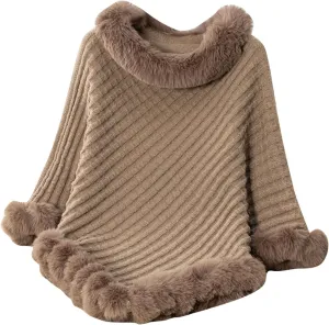 HGps8w Women's Winter Fur Trim Irregular Hem Shawl Wrap - Cozy Warm Loose Pullover Knitted Poncho Cape Cardigans Shawls