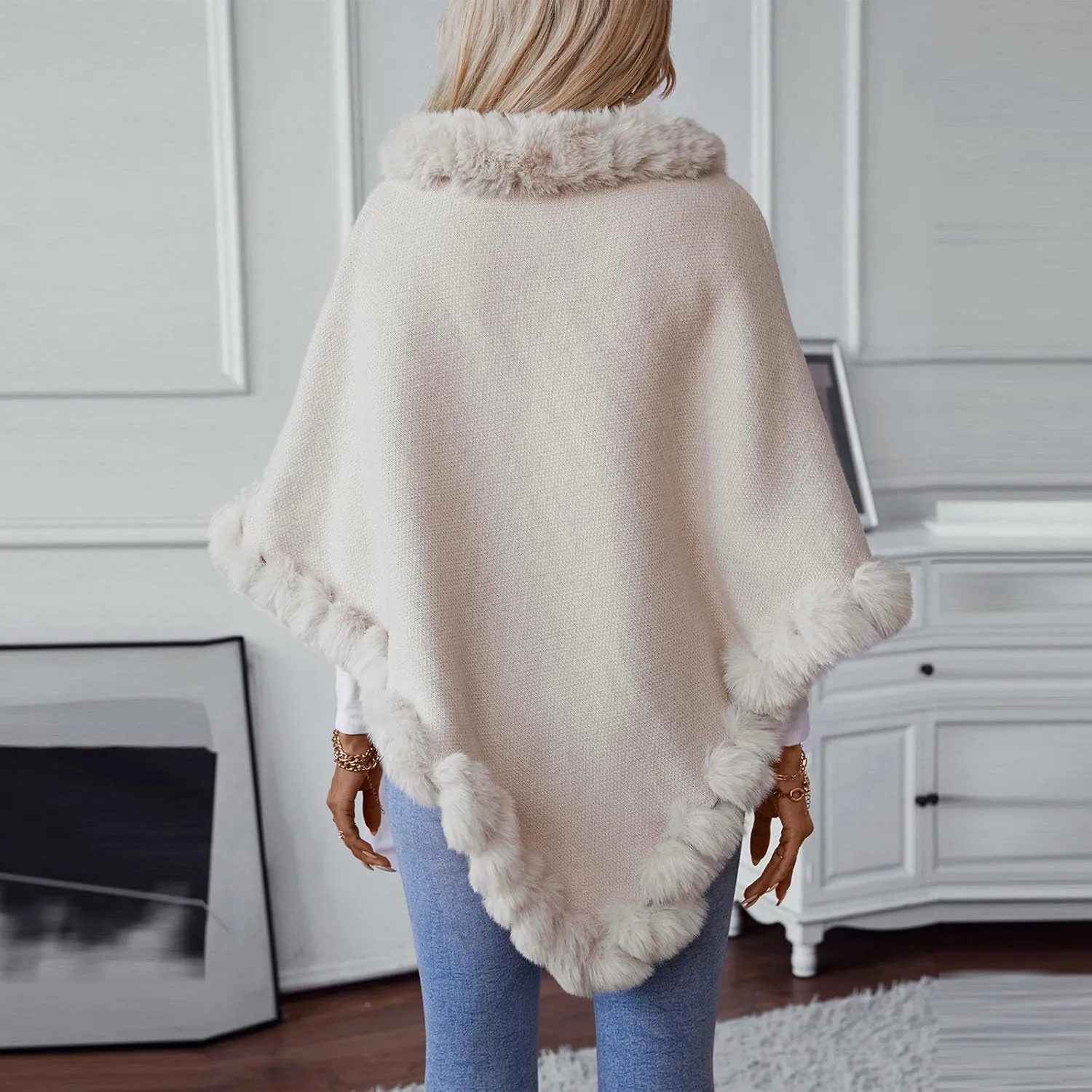 HGps8w Women's Winter Fur Trim Irregular Hem Shawl Wrap - Cozy Warm Loose Pullover Knitted Poncho Cape Cardigans Shawls