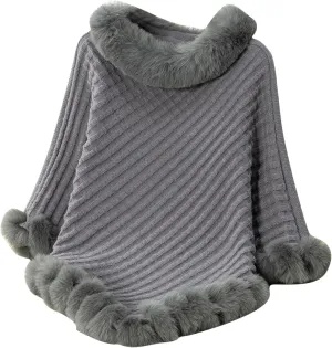 HGps8w Women's Winter Fur Trim Irregular Hem Shawl Wrap - Cozy Warm Loose Pullover Knitted Poncho Cape Cardigans Shawls