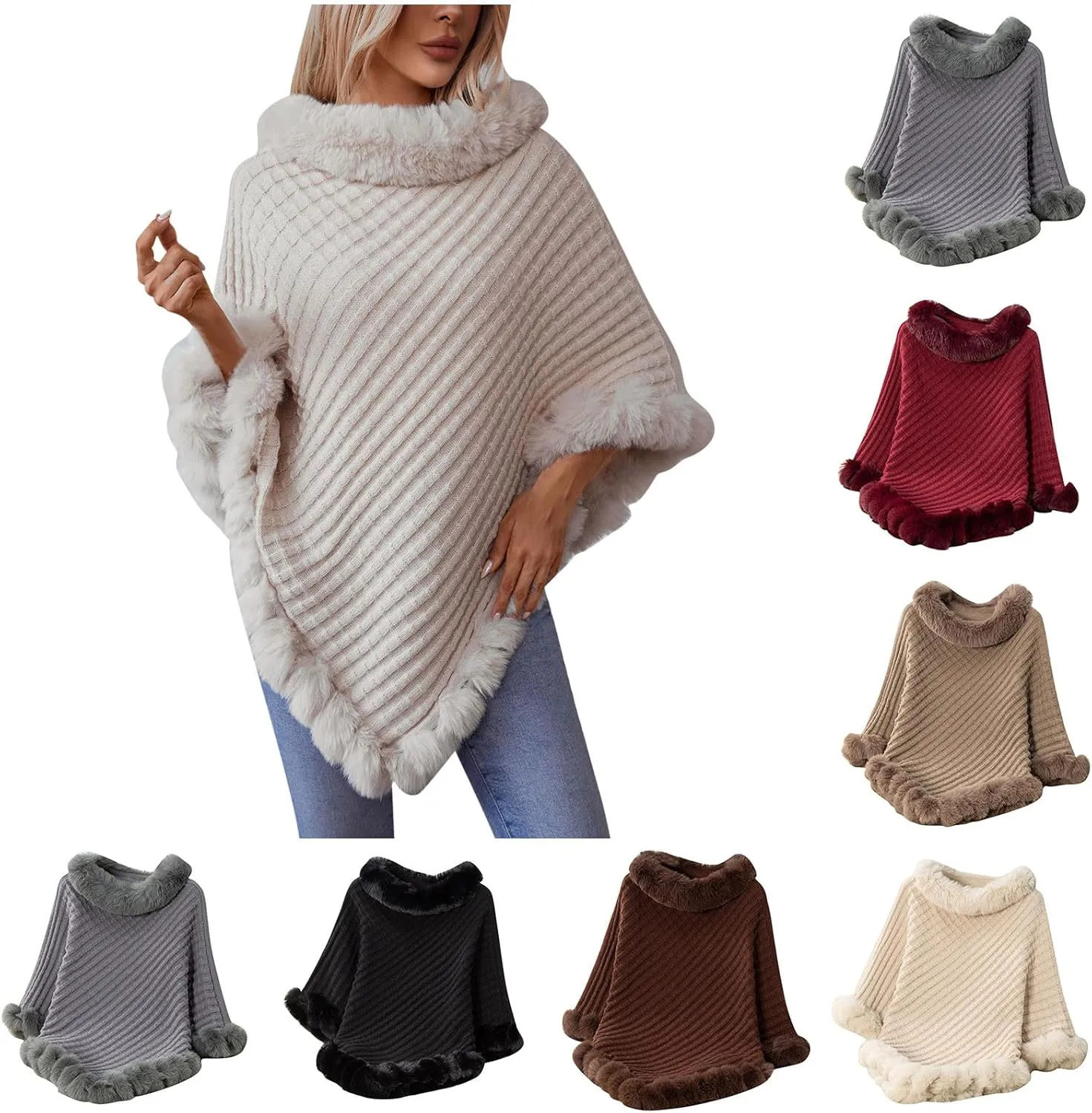 HGps8w Women's Winter Fur Trim Irregular Hem Shawl Wrap - Cozy Warm Loose Pullover Knitted Poncho Cape Cardigans Shawls