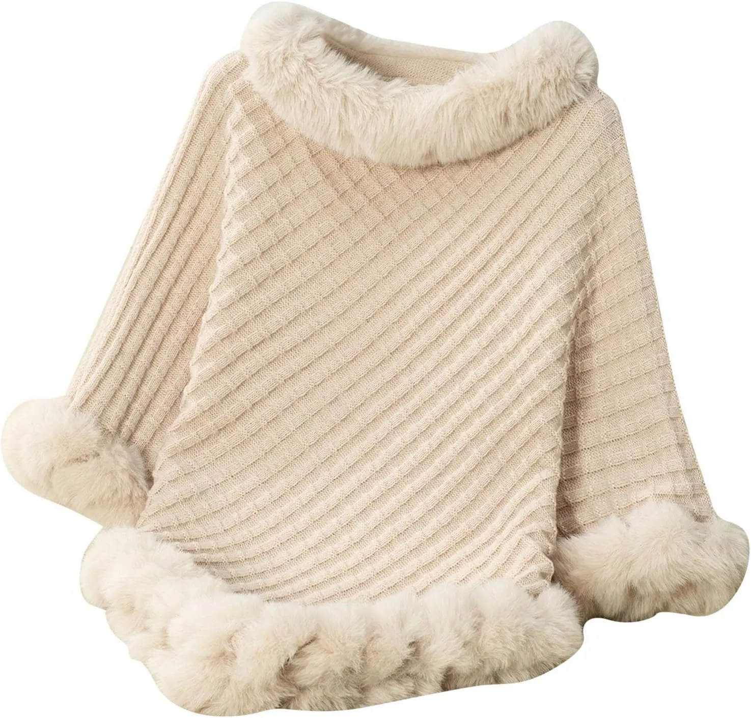HGps8w Women's Winter Fur Trim Irregular Hem Shawl Wrap - Cozy Warm Loose Pullover Knitted Poncho Cape Cardigans Shawls