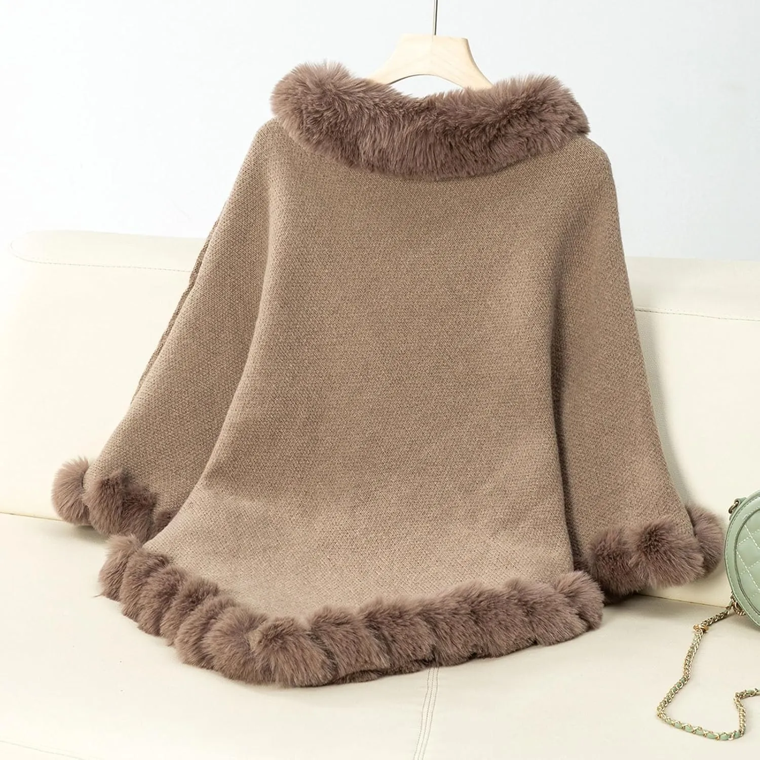 HGps8w Women's Winter Fur Trim Irregular Hem Shawl Wrap - Cozy Warm Loose Pullover Knitted Poncho Cape Cardigans Shawls