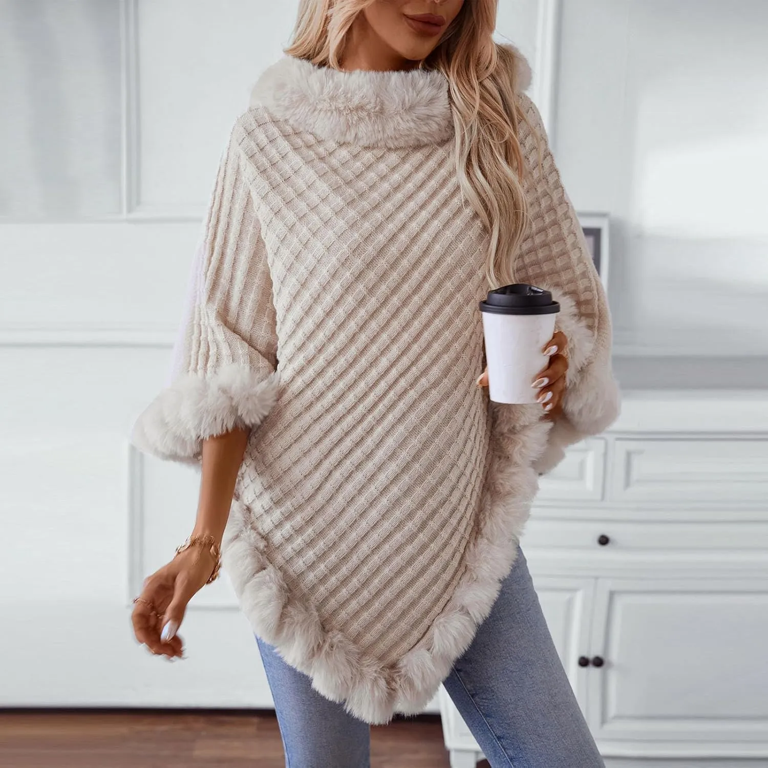 HGps8w Women's Winter Fur Trim Irregular Hem Shawl Wrap - Cozy Warm Loose Pullover Knitted Poncho Cape Cardigans Shawls