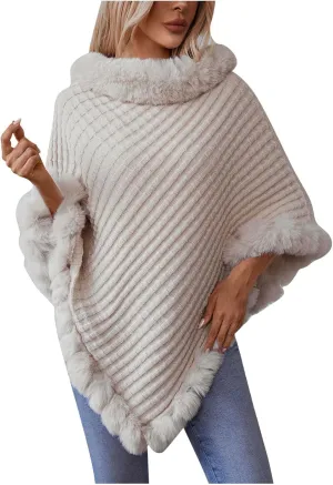 HGps8w Women's Winter Fur Trim Irregular Hem Shawl Wrap - Cozy Warm Loose Pullover Knitted Poncho Cape Cardigans Shawls