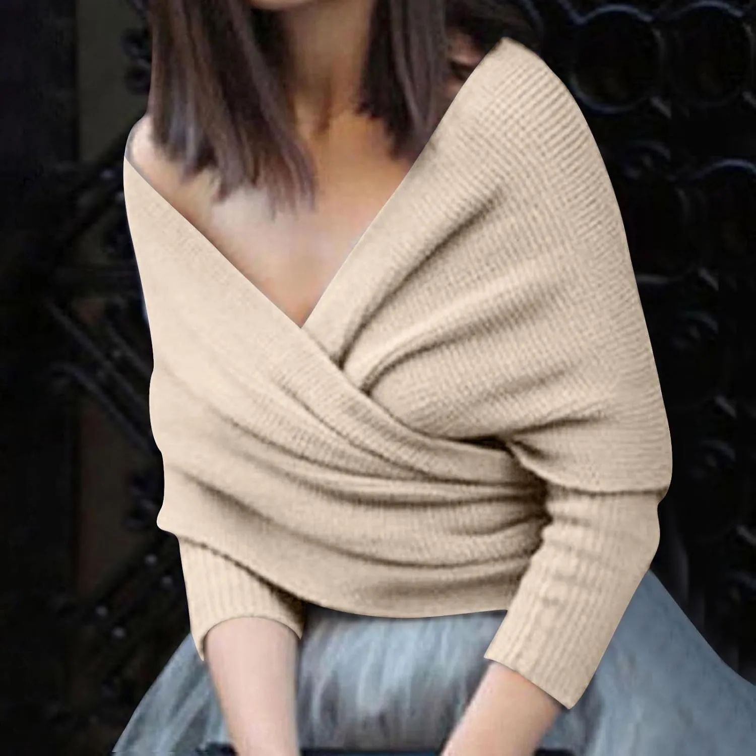 HGps8w Women's Wrap V Neck Cropped Sweaters Shawl, 2025 Fall Long Sleeve Cross Front Off Shoulder Solid Knitted Pullover Tops