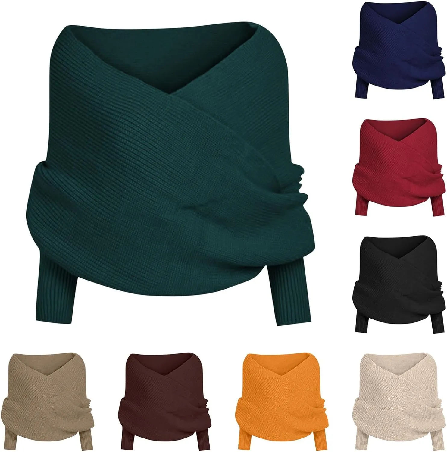 HGps8w Women's Wrap V Neck Cropped Sweaters Shawl, 2025 Fall Long Sleeve Cross Front Off Shoulder Solid Knitted Pullover Tops