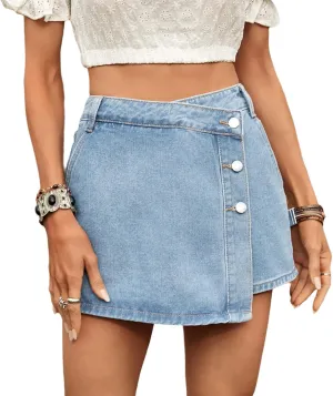 High Waisted Jean Shorts for Women Slim Distressed Asymmetrical Hem Denim Skort Summer Casual Denim Shorts