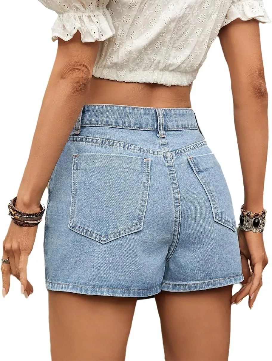 High Waisted Jean Shorts for Women Slim Distressed Asymmetrical Hem Denim Skort Summer Casual Denim Shorts