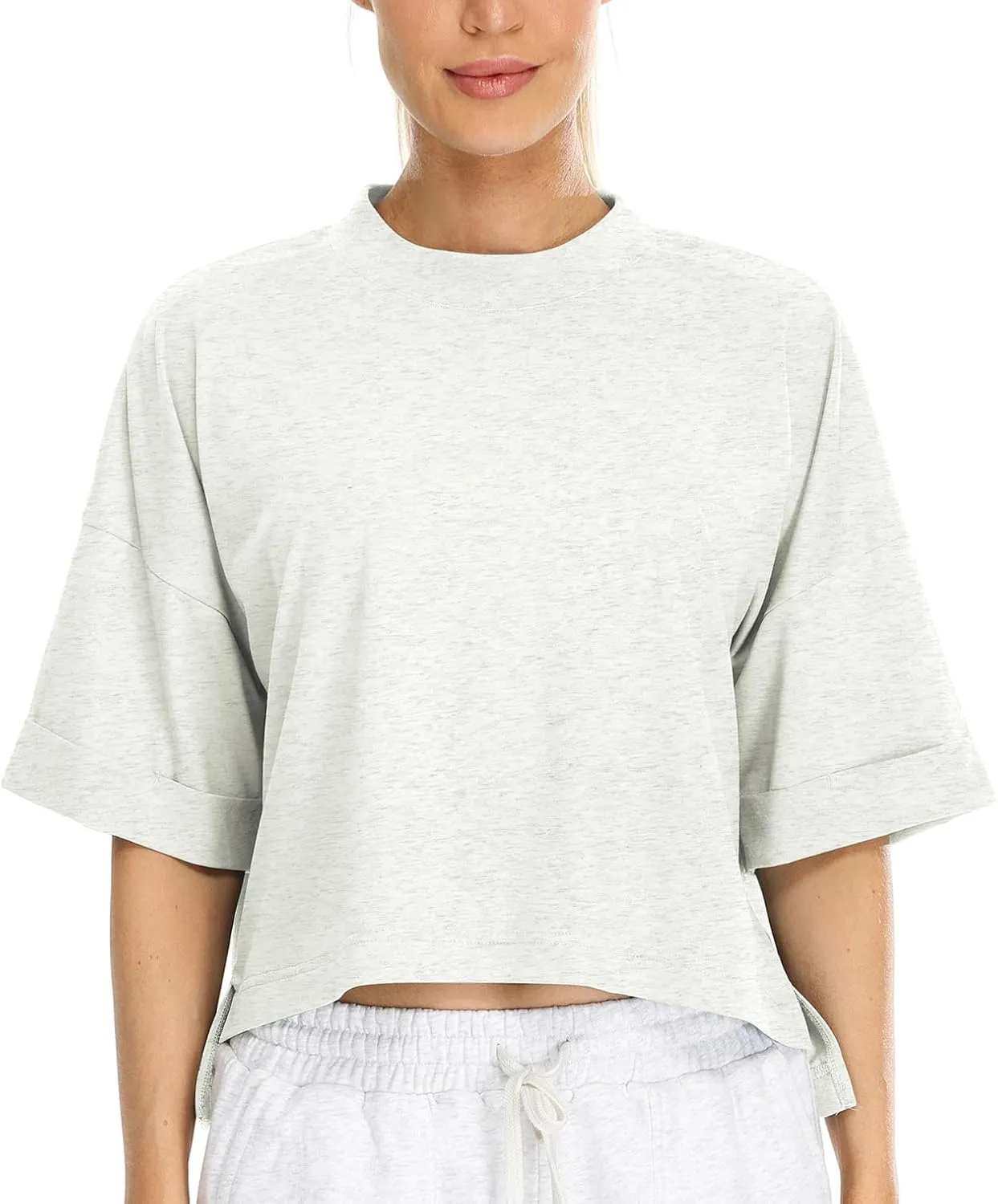 icyzone Women's Oversized Cropped Crewneck Short-Sleeve Workout Athletic T-Shirts