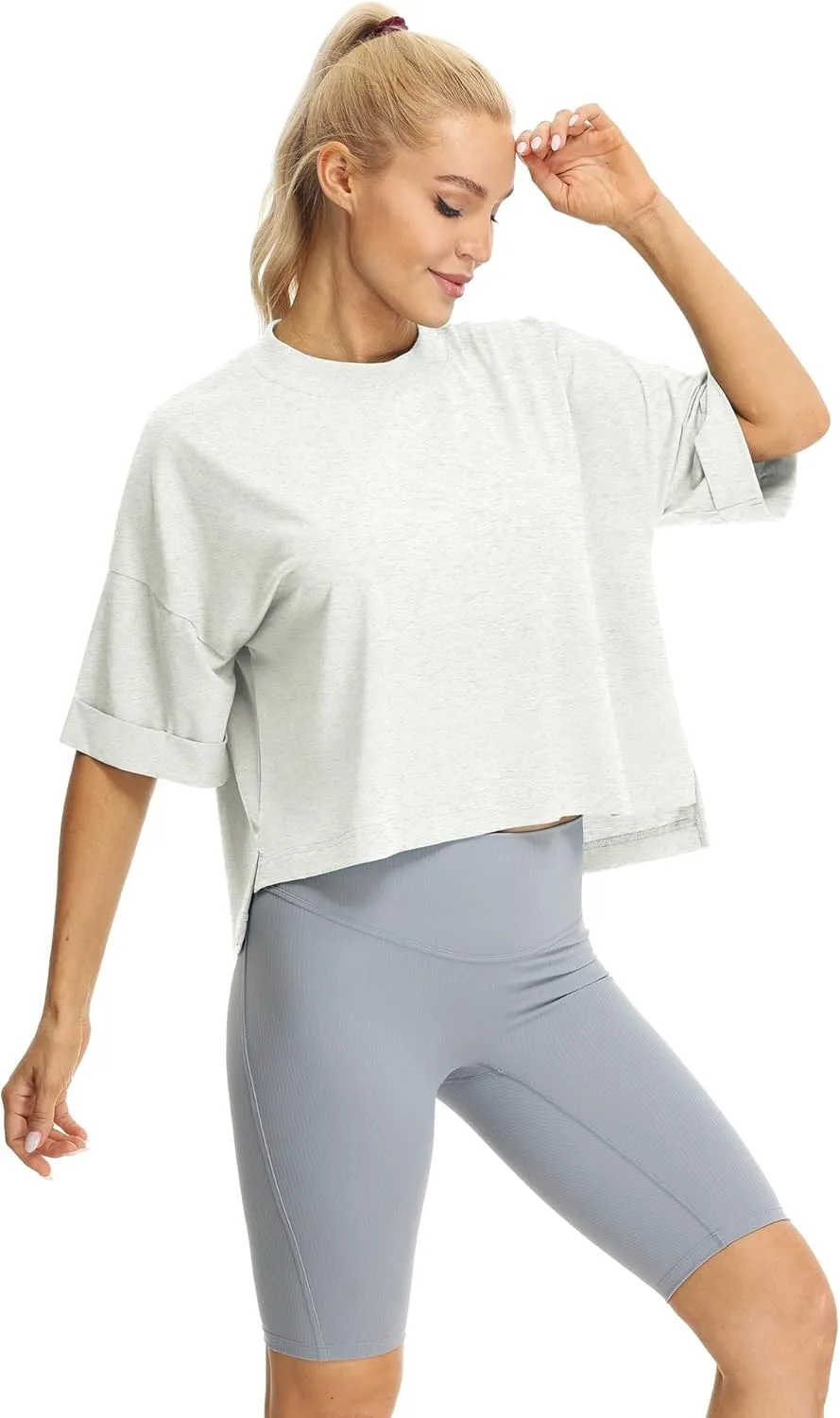 icyzone Women's Oversized Cropped Crewneck Short-Sleeve Workout Athletic T-Shirts