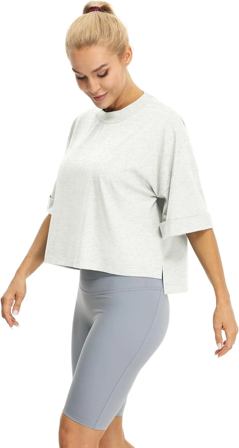 icyzone Women's Oversized Cropped Crewneck Short-Sleeve Workout Athletic T-Shirts