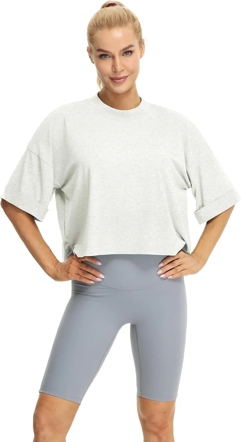 icyzone Women's Oversized Cropped Crewneck Short-Sleeve Workout Athletic T-Shirts
