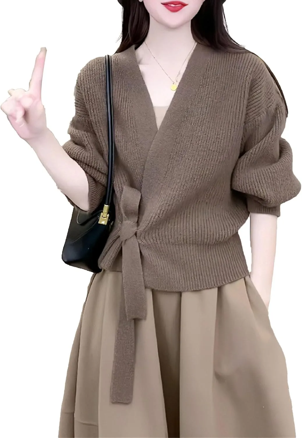 JEsilunmaMY Women's Tie Waist Wrap V Neck Sweaters Long Sleeve Cute Knitted Crop Tops Solid Fall Trendy Knitwear Cardigan