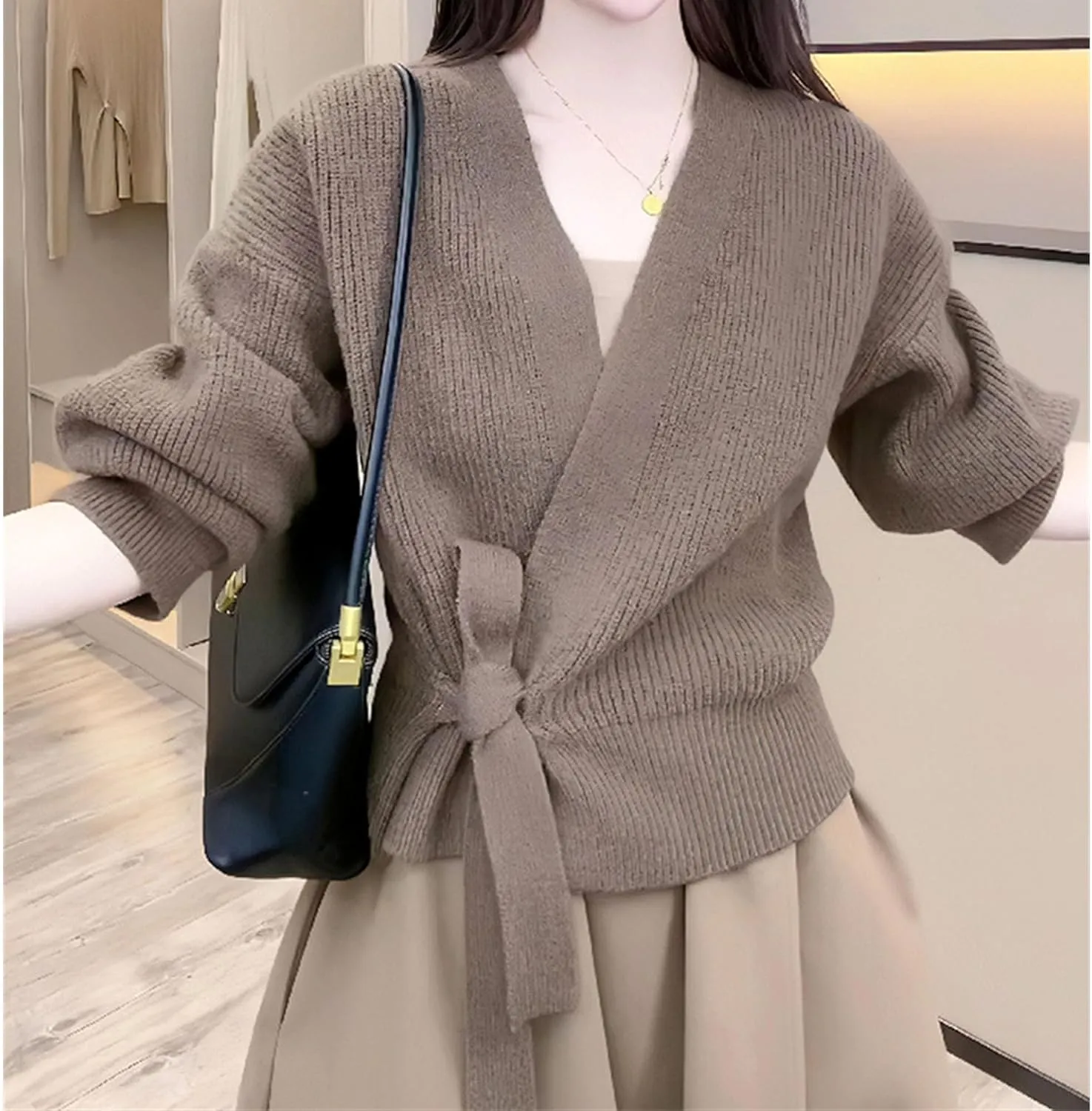 JEsilunmaMY Women's Tie Waist Wrap V Neck Sweaters Long Sleeve Cute Knitted Crop Tops Solid Fall Trendy Knitwear Cardigan