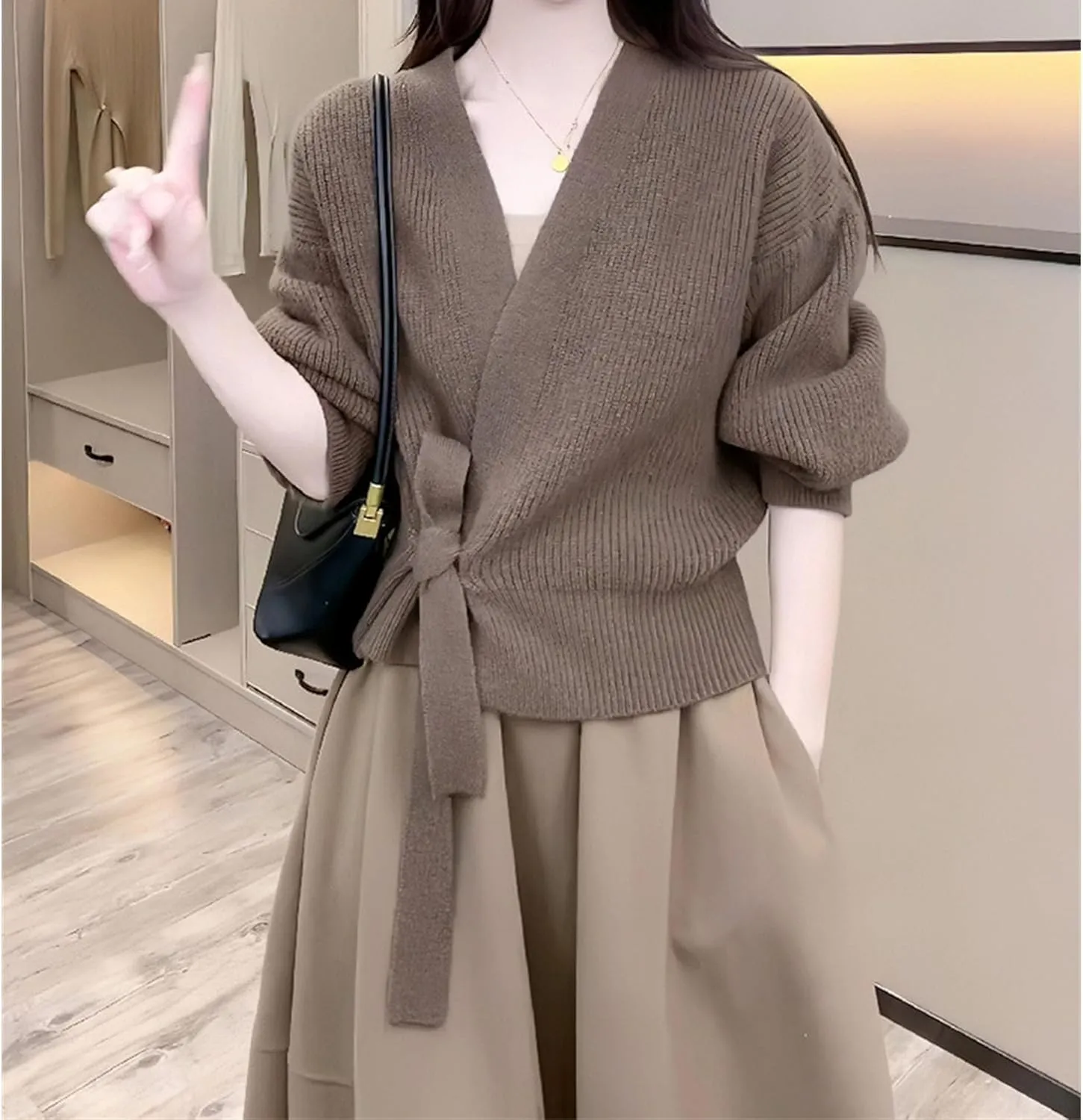JEsilunmaMY Women's Tie Waist Wrap V Neck Sweaters Long Sleeve Cute Knitted Crop Tops Solid Fall Trendy Knitwear Cardigan