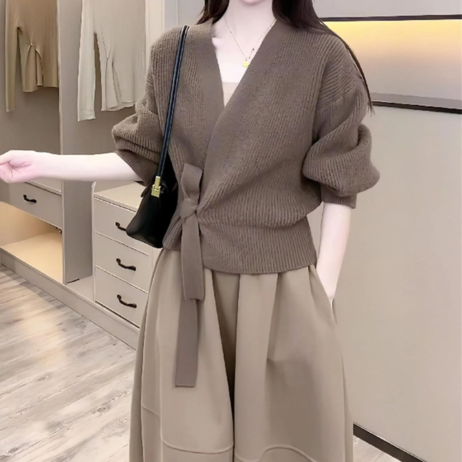 JEsilunmaMY Women's Tie Waist Wrap V Neck Sweaters Long Sleeve Cute Knitted Crop Tops Solid Fall Trendy Knitwear Cardigan