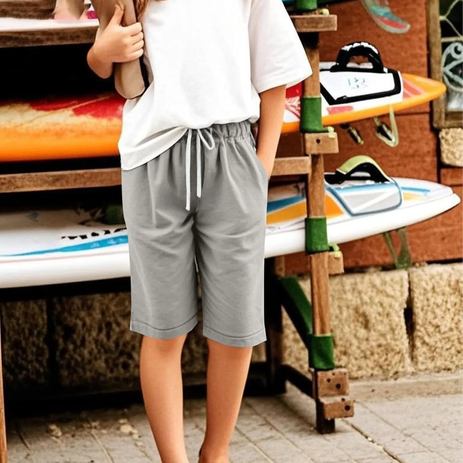 Kids Girls Baggy Wide Leg Casual Capris Pants Teen Drawstring Elastic Waist Cropped Trousers Summer Straight Comfy