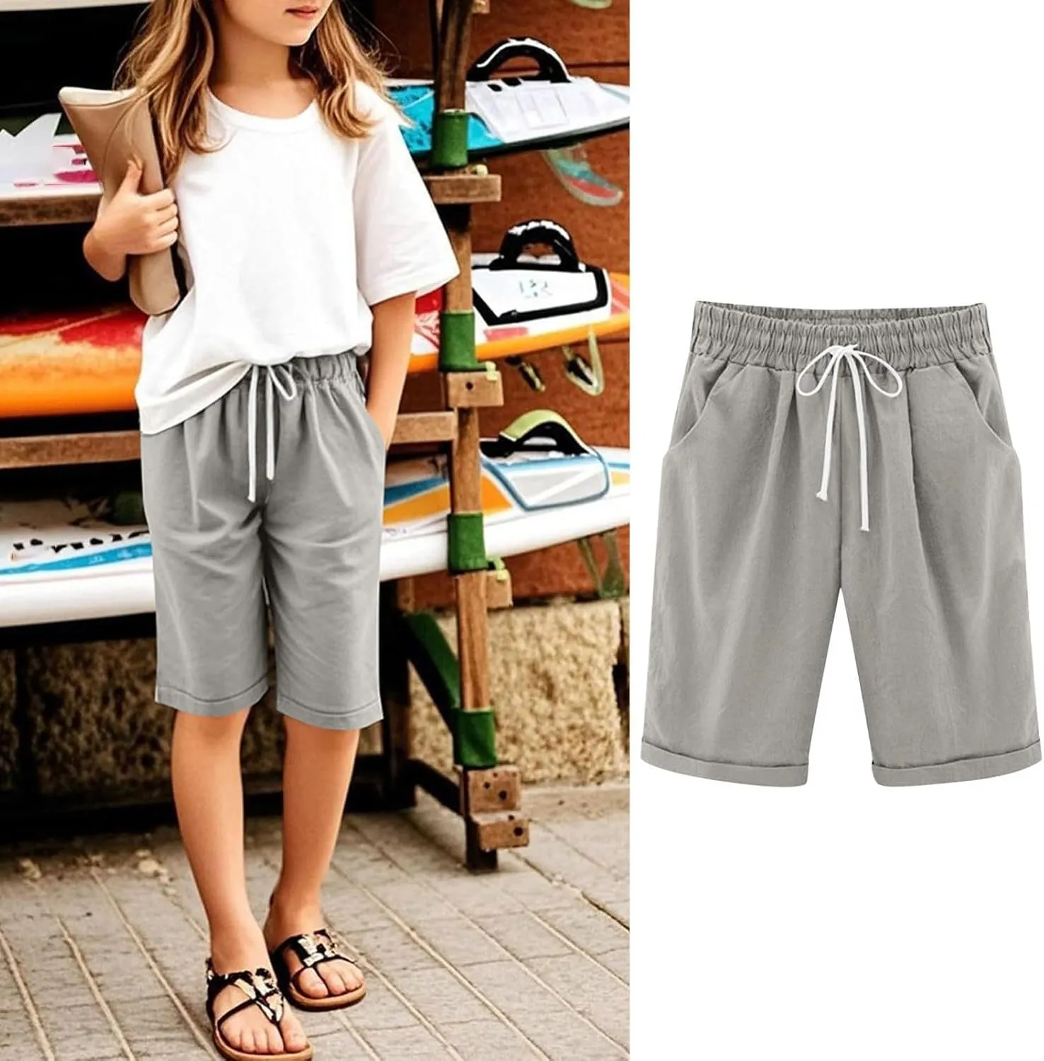 Kids Girls Baggy Wide Leg Casual Capris Pants Teen Drawstring Elastic Waist Cropped Trousers Summer Straight Comfy