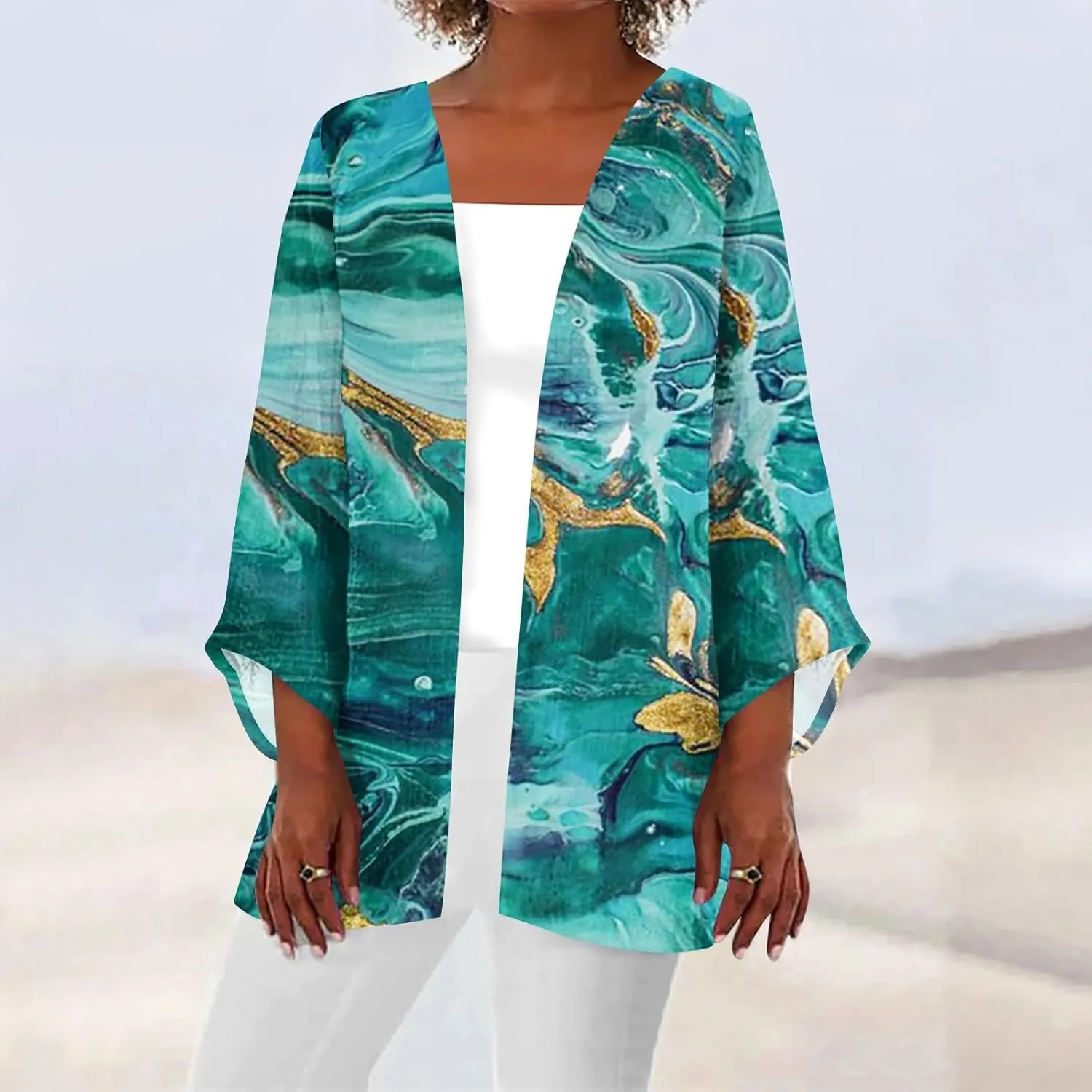 Kimonos for Women Plus Size Lightweight Floral Printed Tops Dressy Casual 3/4 Sleeve Summer Cardigan