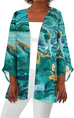 Kimonos for Women Plus Size Lightweight Floral Printed Tops Dressy Casual 3/4 Sleeve Summer Cardigan