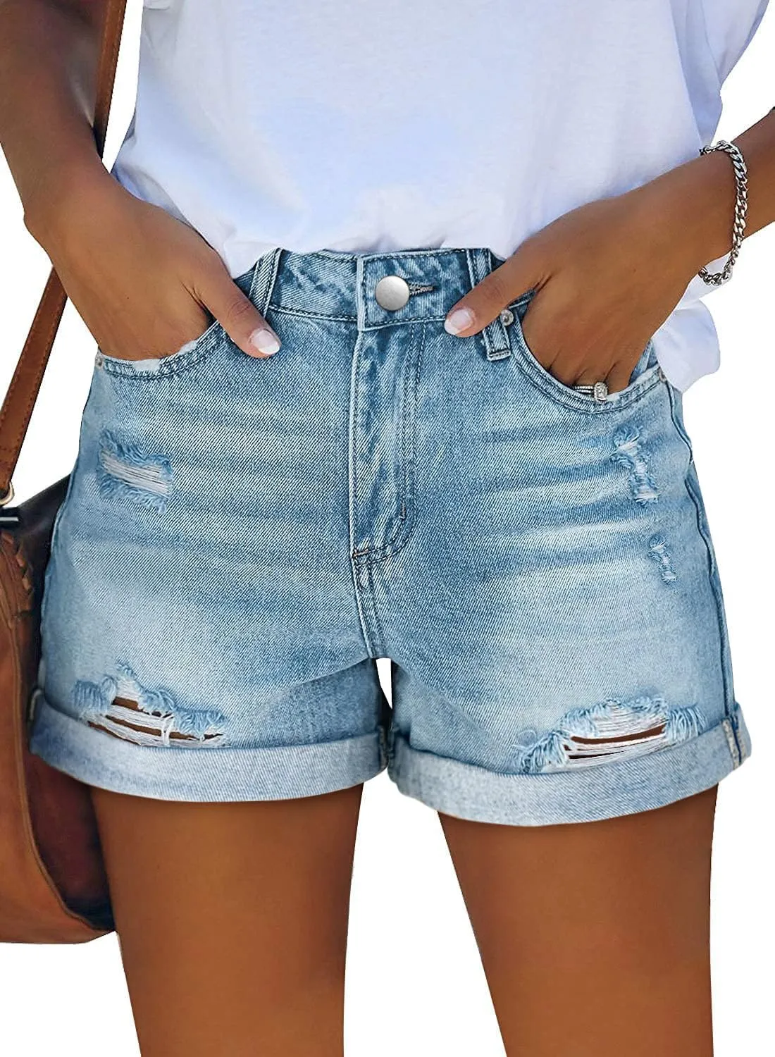 KISSMODA Denim Shorts Women Trendy Button Summer Cut Off Short Womens Jean Shorts High Waisted Denim Hot Ripped Shorts