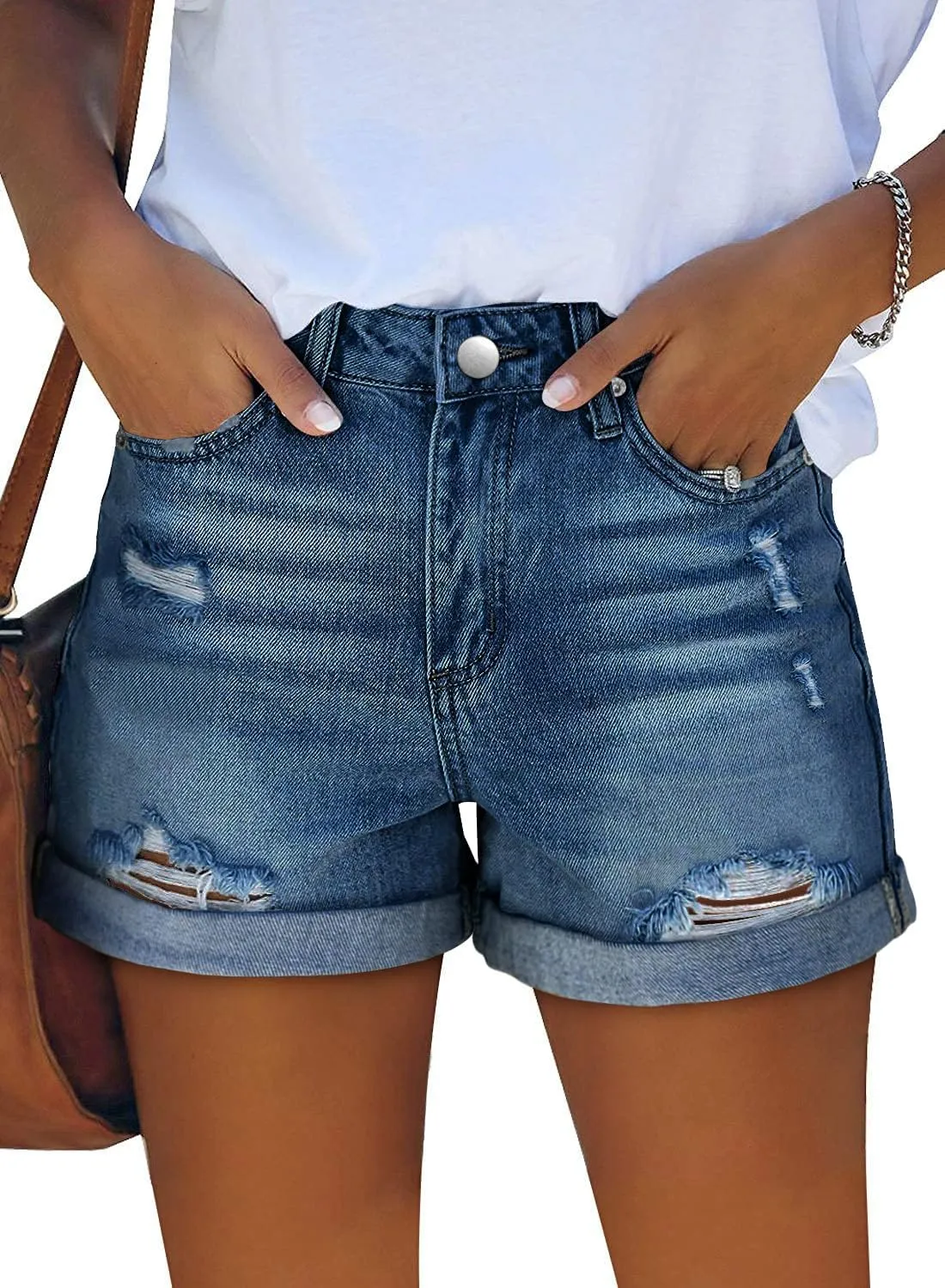 KISSMODA Denim Shorts Women Trendy Button Summer Cut Off Short Womens Jean Shorts High Waisted Denim Hot Ripped Shorts