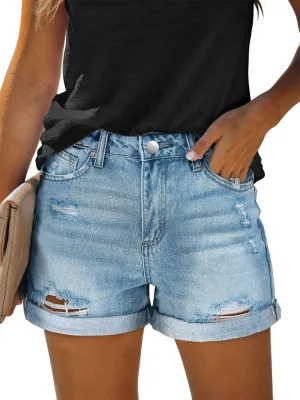 KISSMODA Denim Shorts Women Trendy Button Summer Cut Off Short Womens Jean Shorts High Waisted Denim Hot Ripped Shorts