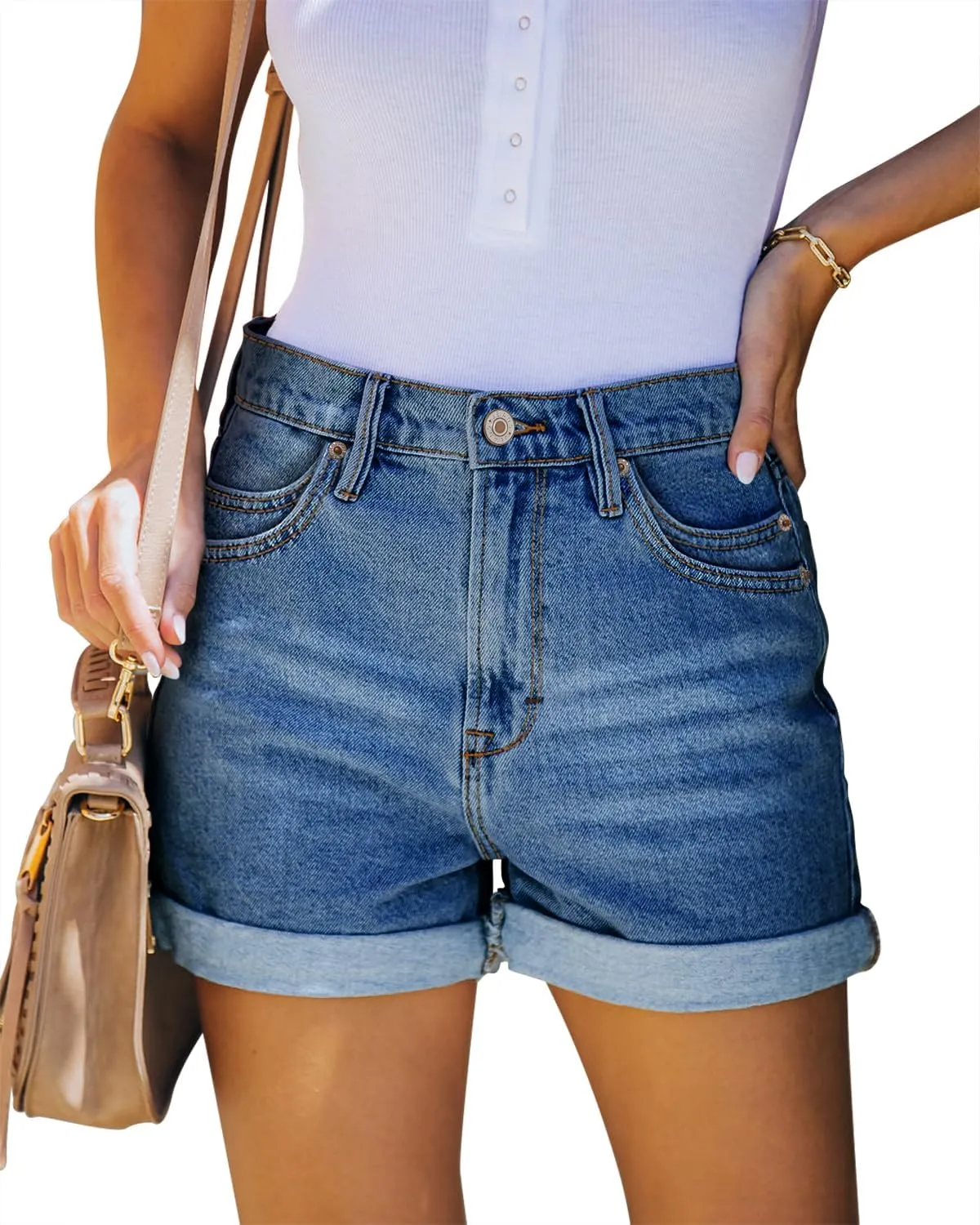 KISSMODA Denim Shorts Women Trendy Button Summer Cut Off Short Womens Jean Shorts High Waisted Denim Hot Ripped Shorts