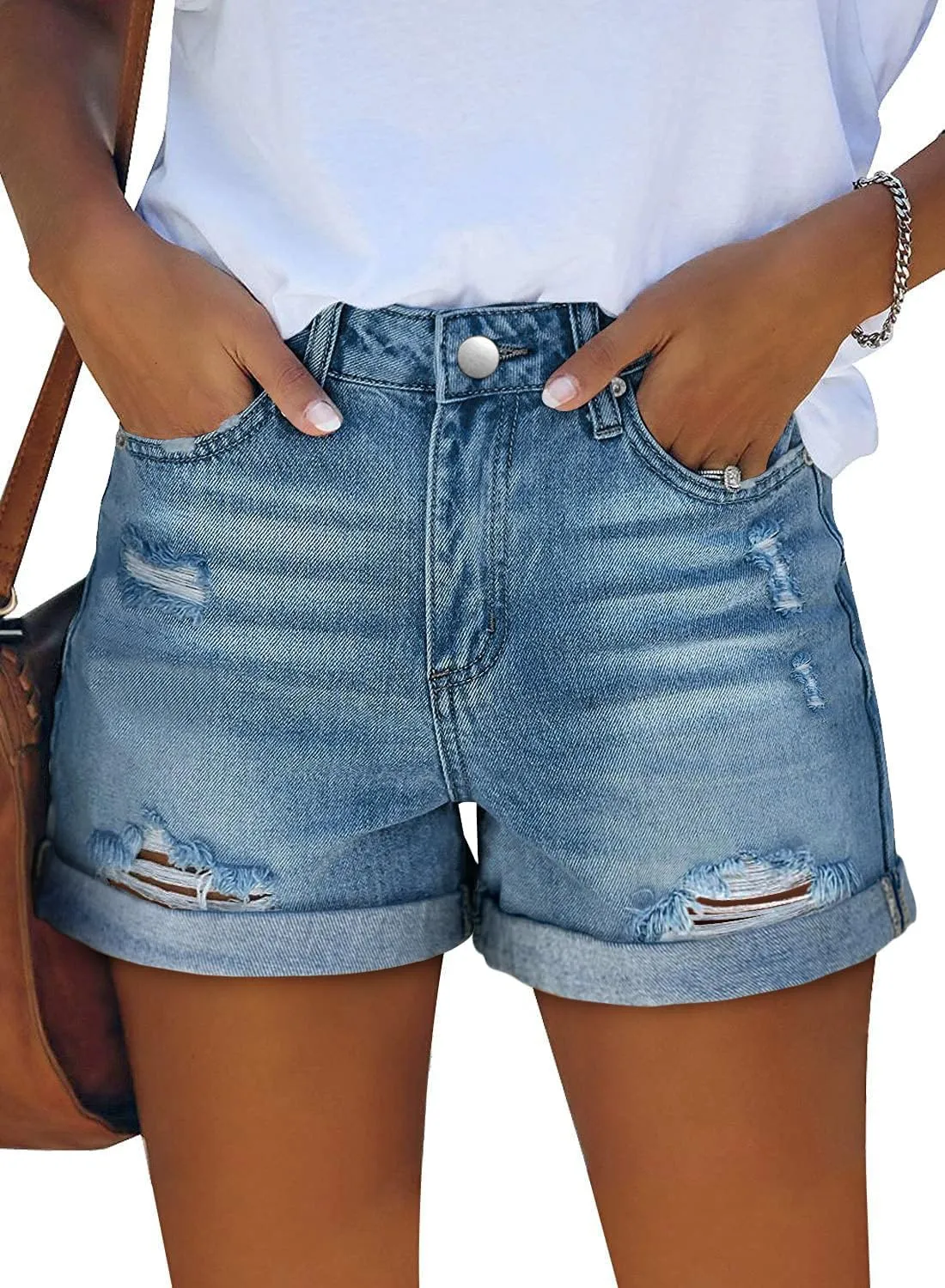 KISSMODA Denim Shorts Women Trendy Button Summer Cut Off Short Womens Jean Shorts High Waisted Denim Hot Ripped Shorts