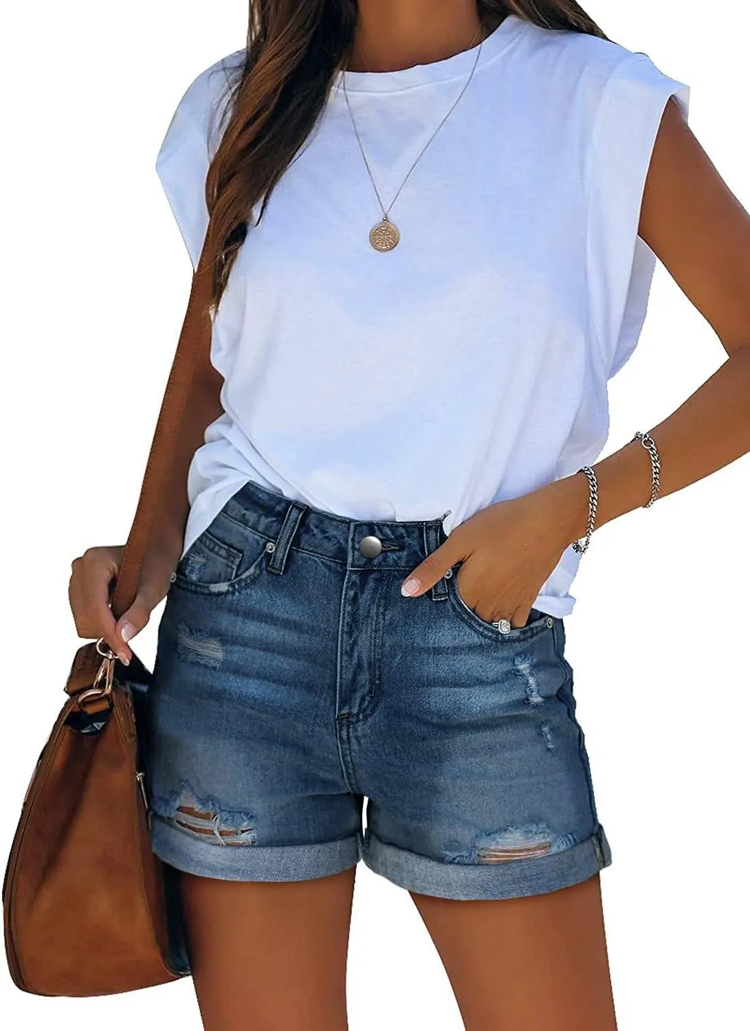 KISSMODA Denim Shorts Women Trendy Button Summer Cut Off Short Womens Jean Shorts High Waisted Denim Hot Ripped Shorts
