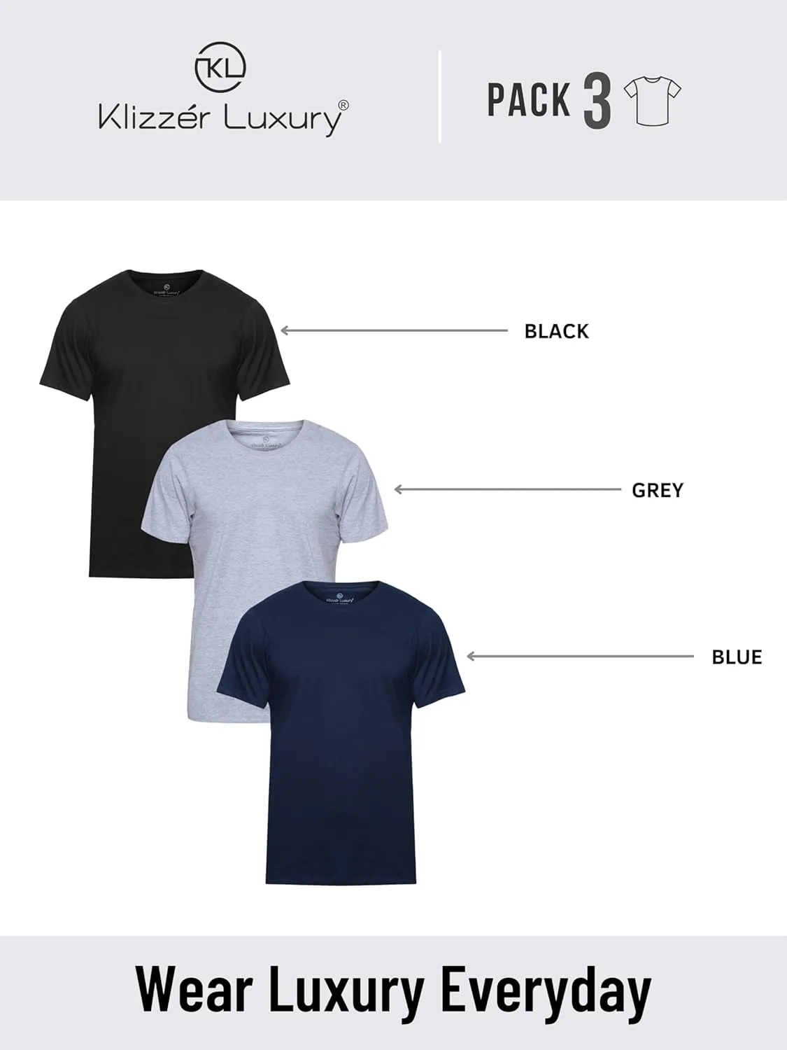 Klizzer 100% Cotton T Shirts for Men - Soft Premium Pack of 3 Regular Fit Crew Neck T-Shirts Plain Short Sleeve Tees