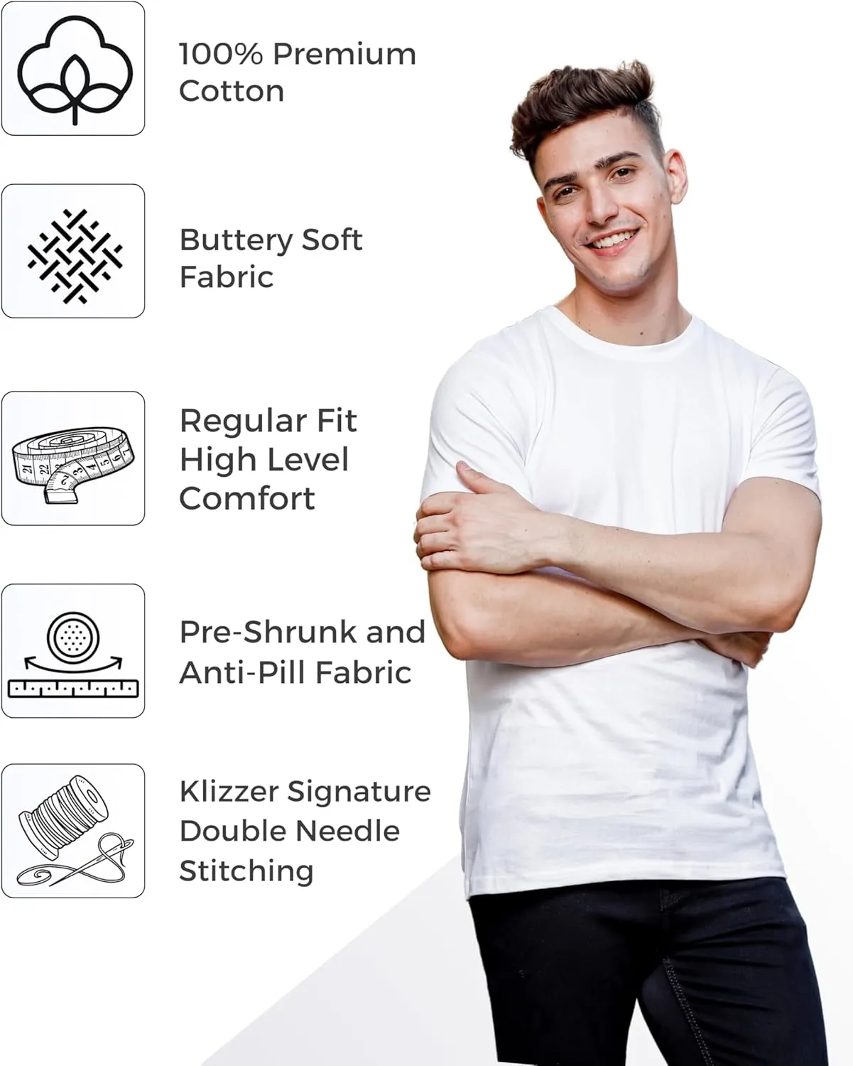 Klizzer 100% Cotton T Shirts for Men - Soft Premium Pack of 3 Regular Fit Crew Neck T-Shirts Plain Short Sleeve Tees