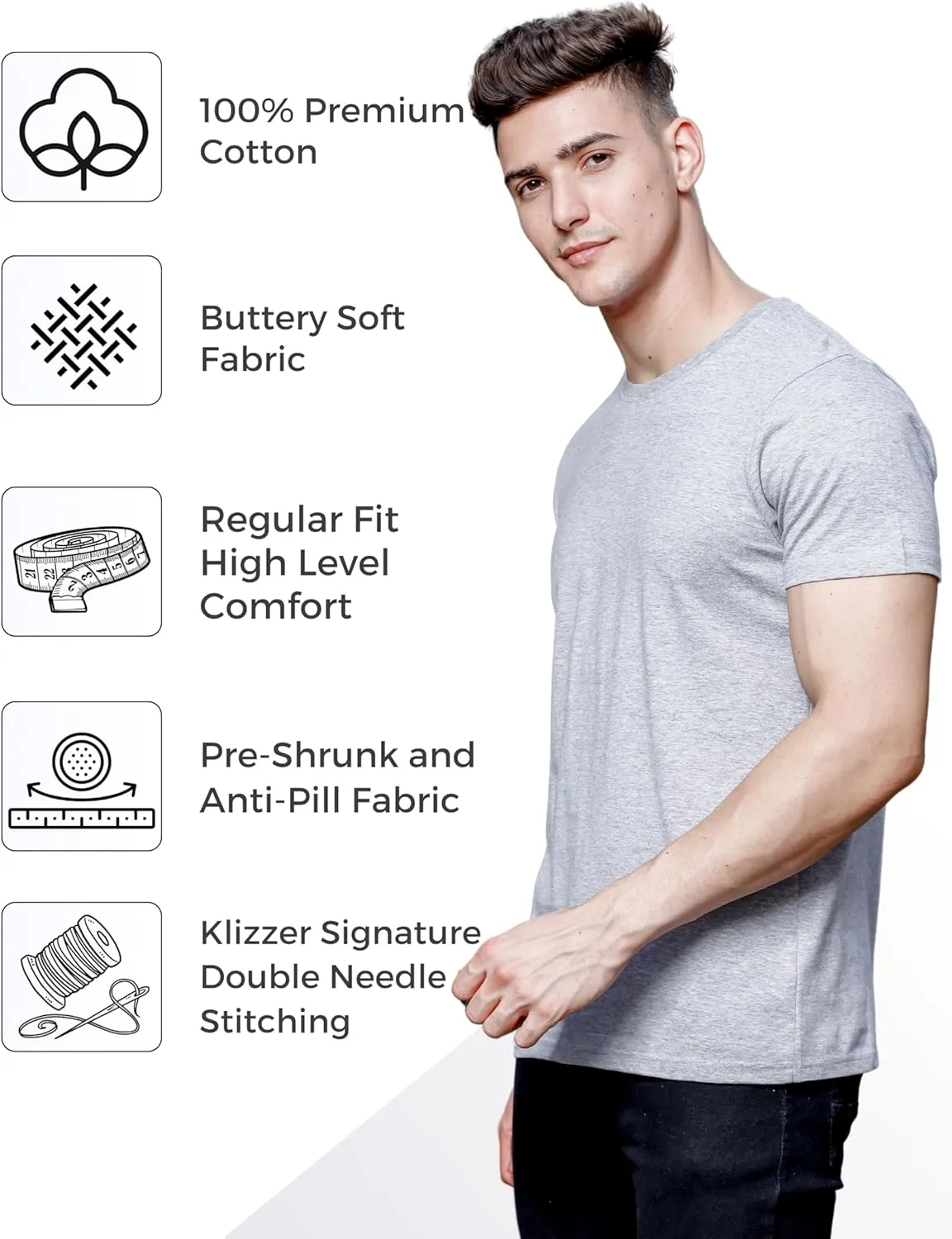 Klizzer 100% Cotton T Shirts for Men - Soft Premium Pack of 3 Regular Fit Crew Neck T-Shirts Plain Short Sleeve Tees
