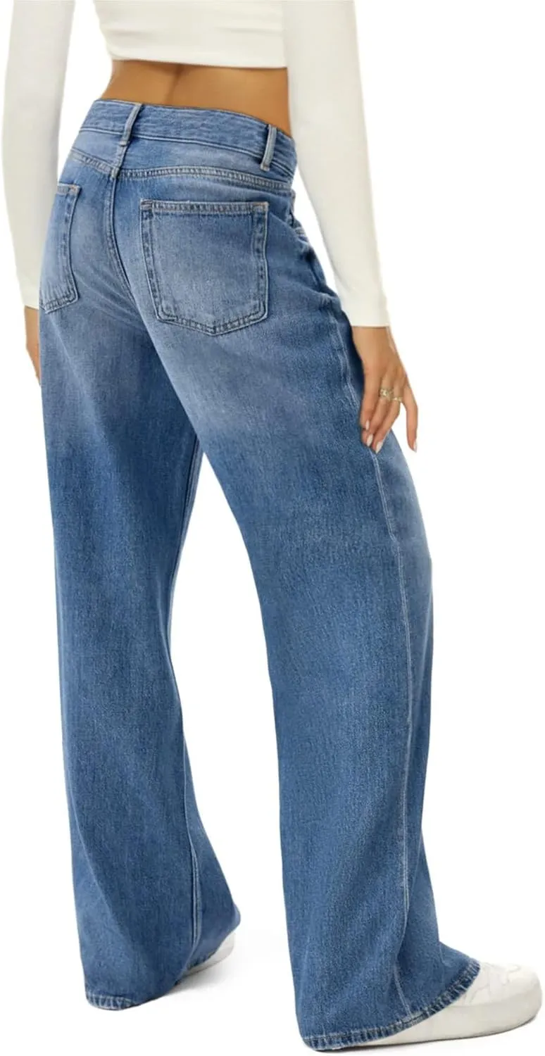 Kubbon Womens Wide Leg Jeans Baggy High Waist Straight Leg Denim Pants Casual Loose Fit Stretchy Trousers with Pockets