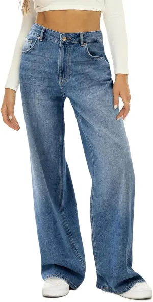 Kubbon Womens Wide Leg Jeans Baggy High Waist Straight Leg Denim Pants Casual Loose Fit Stretchy Trousers with Pockets