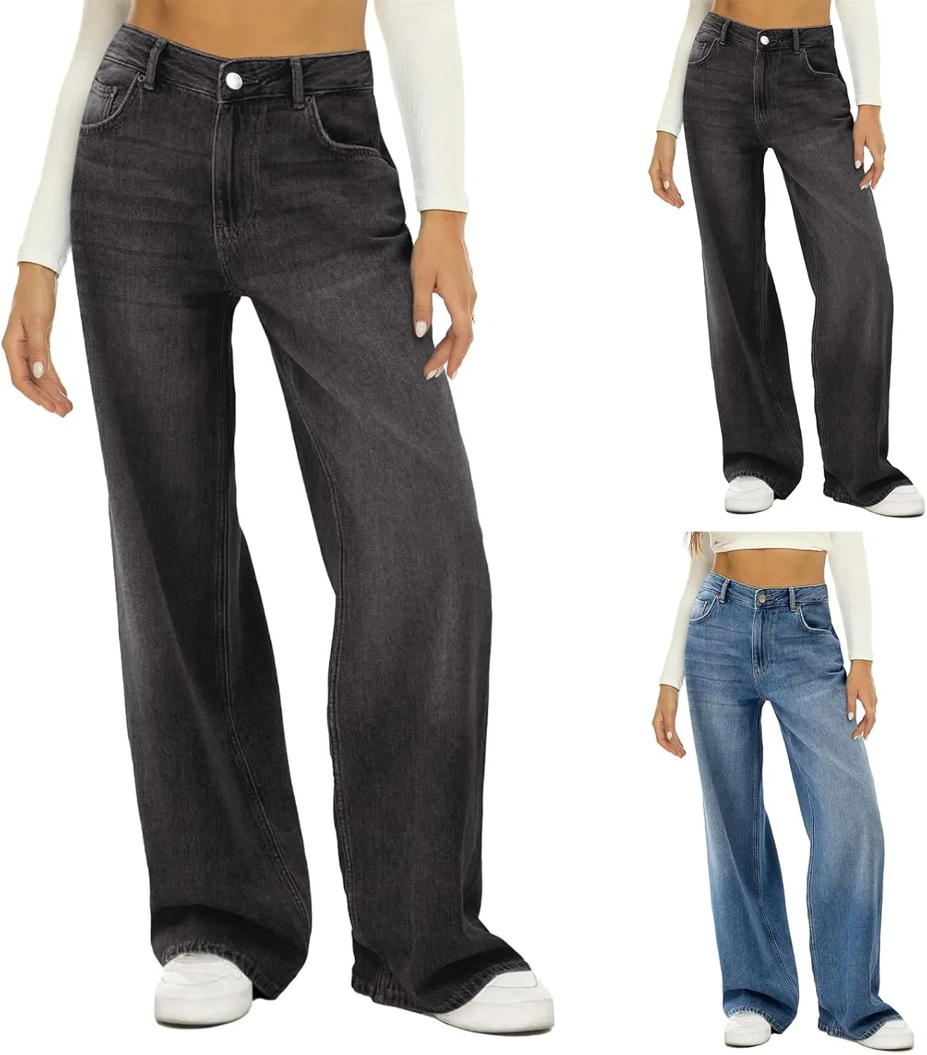 Kubbon Womens Wide Leg Jeans Baggy High Waist Straight Leg Denim Pants Casual Loose Fit Stretchy Trousers with Pockets
