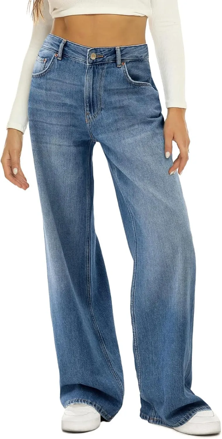 Kubbon Womens Wide Leg Jeans Baggy High Waist Straight Leg Denim Pants Casual Loose Fit Stretchy Trousers with Pockets