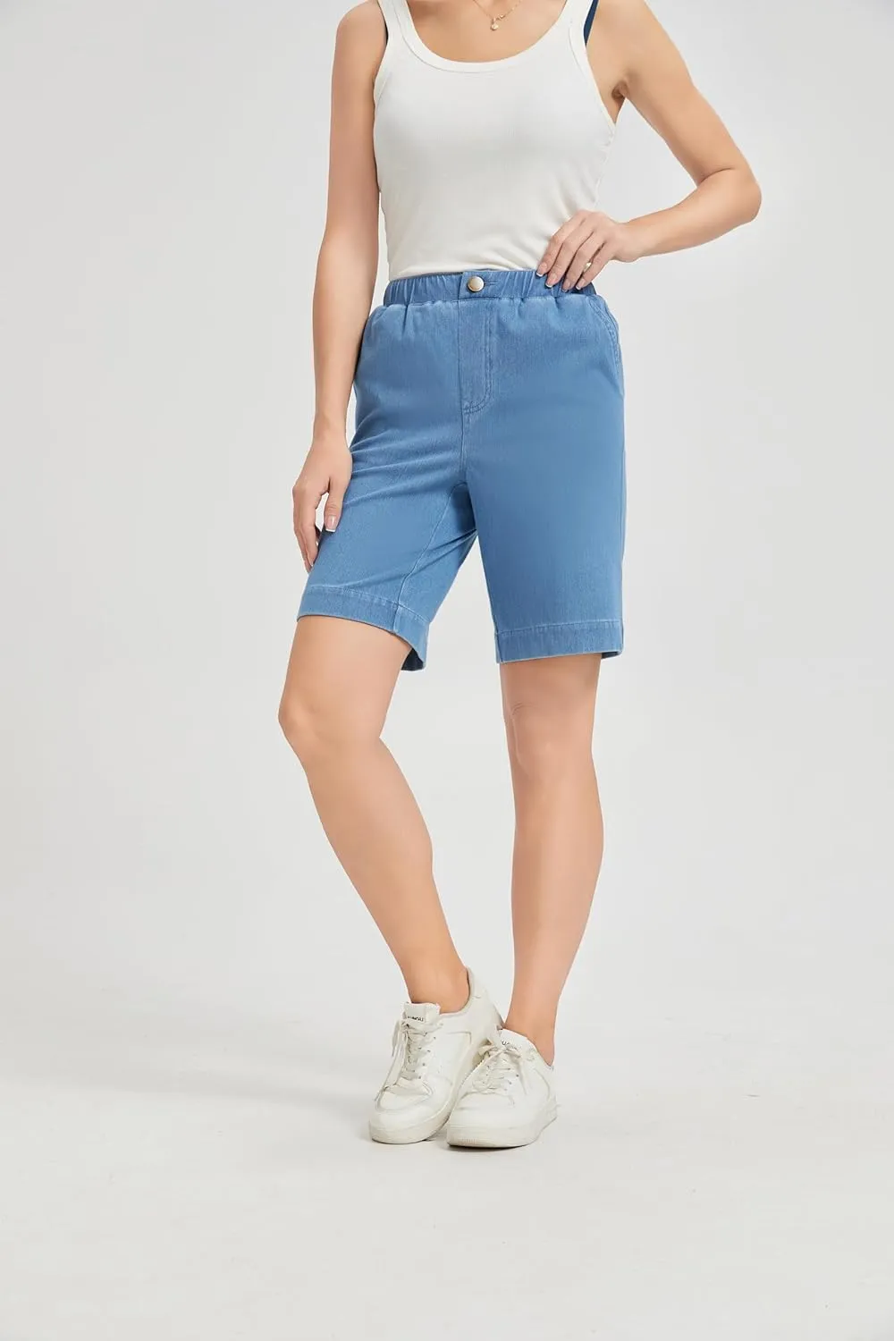 KYAL Bermuda Jean Shorts for Women High Waisted Elastic Waistband Denim Shorts Casual Summer Jean Shorts with Pockets
