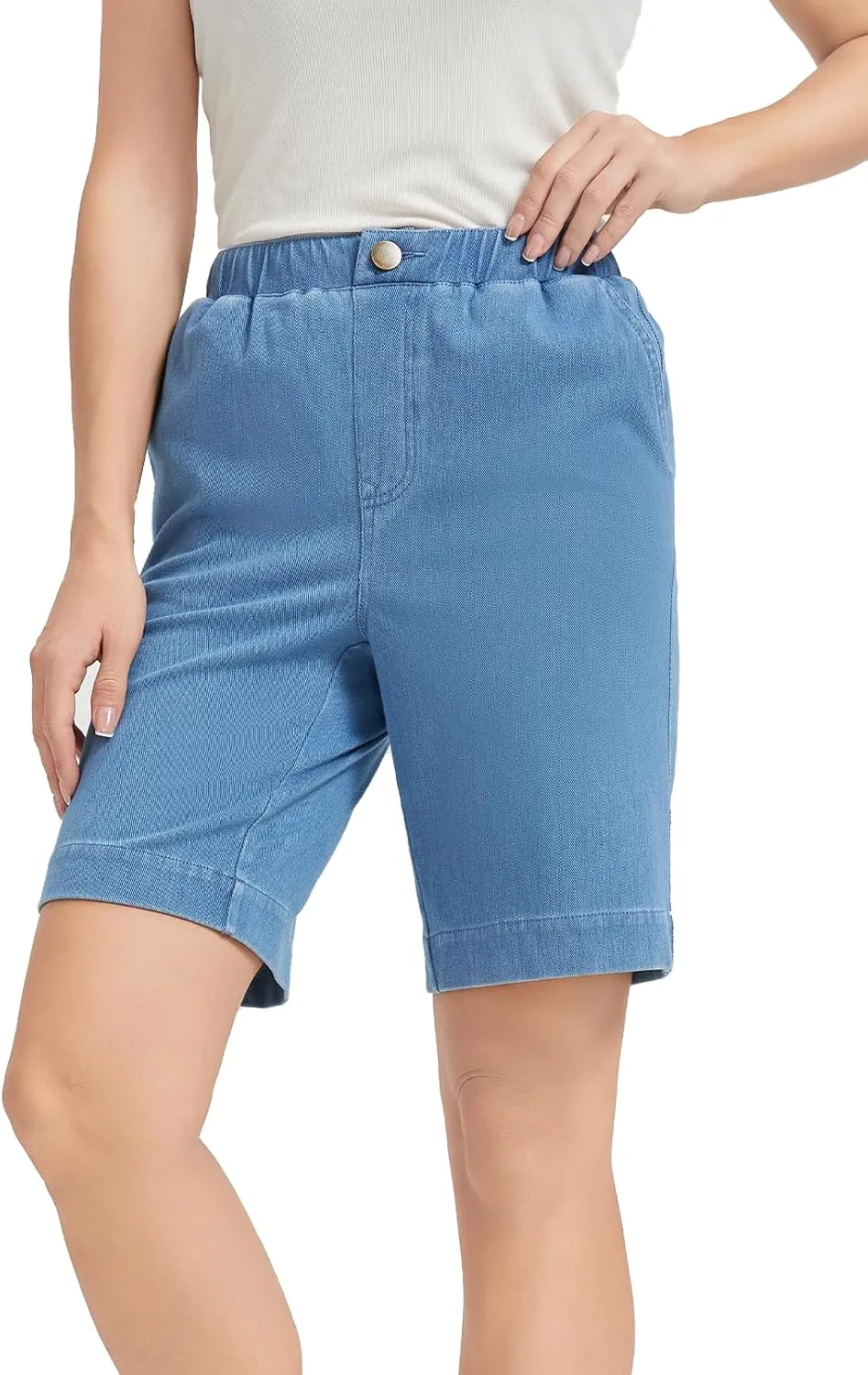 KYAL Bermuda Jean Shorts for Women High Waisted Elastic Waistband Denim Shorts Casual Summer Jean Shorts with Pockets