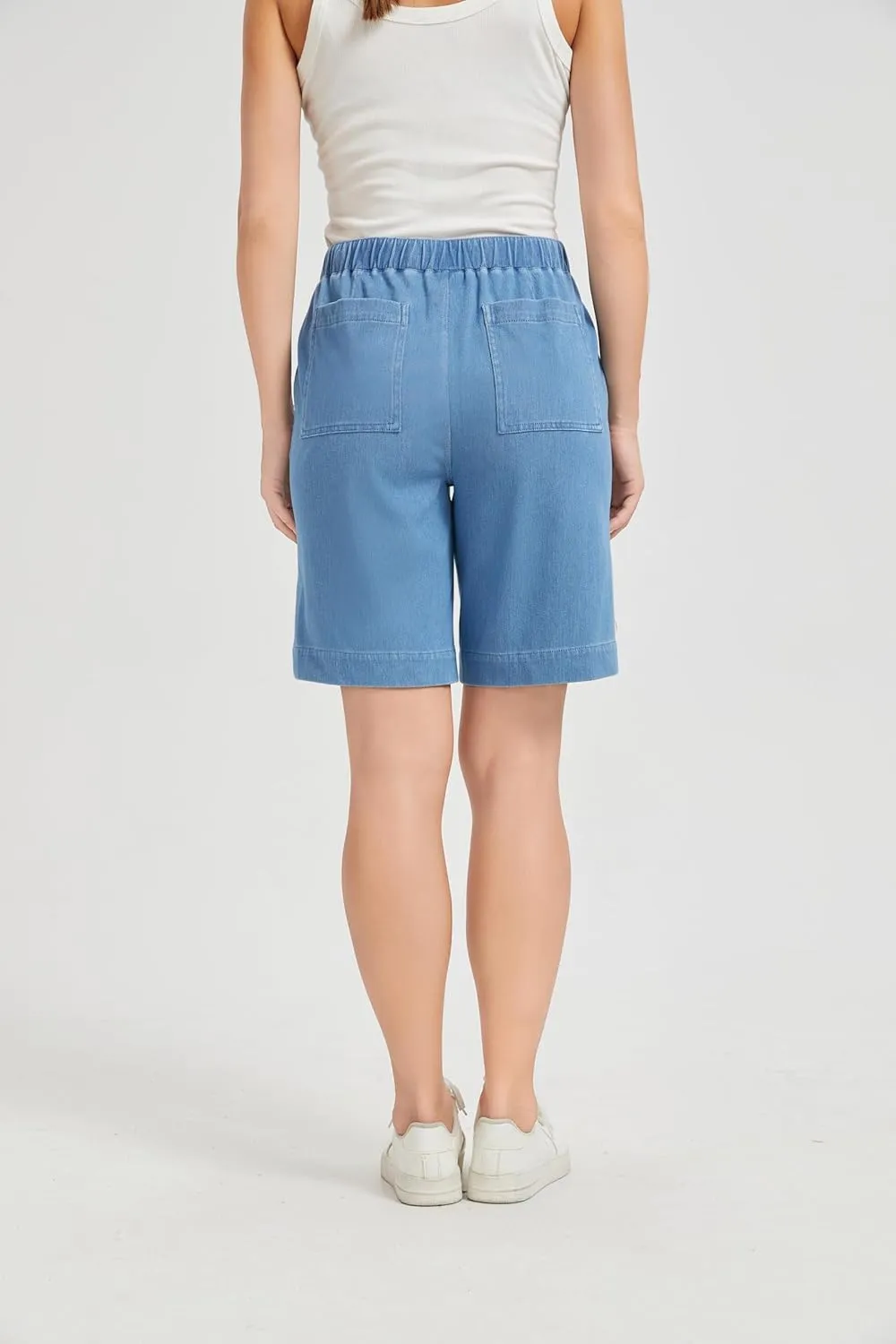KYAL Bermuda Jean Shorts for Women High Waisted Elastic Waistband Denim Shorts Casual Summer Jean Shorts with Pockets